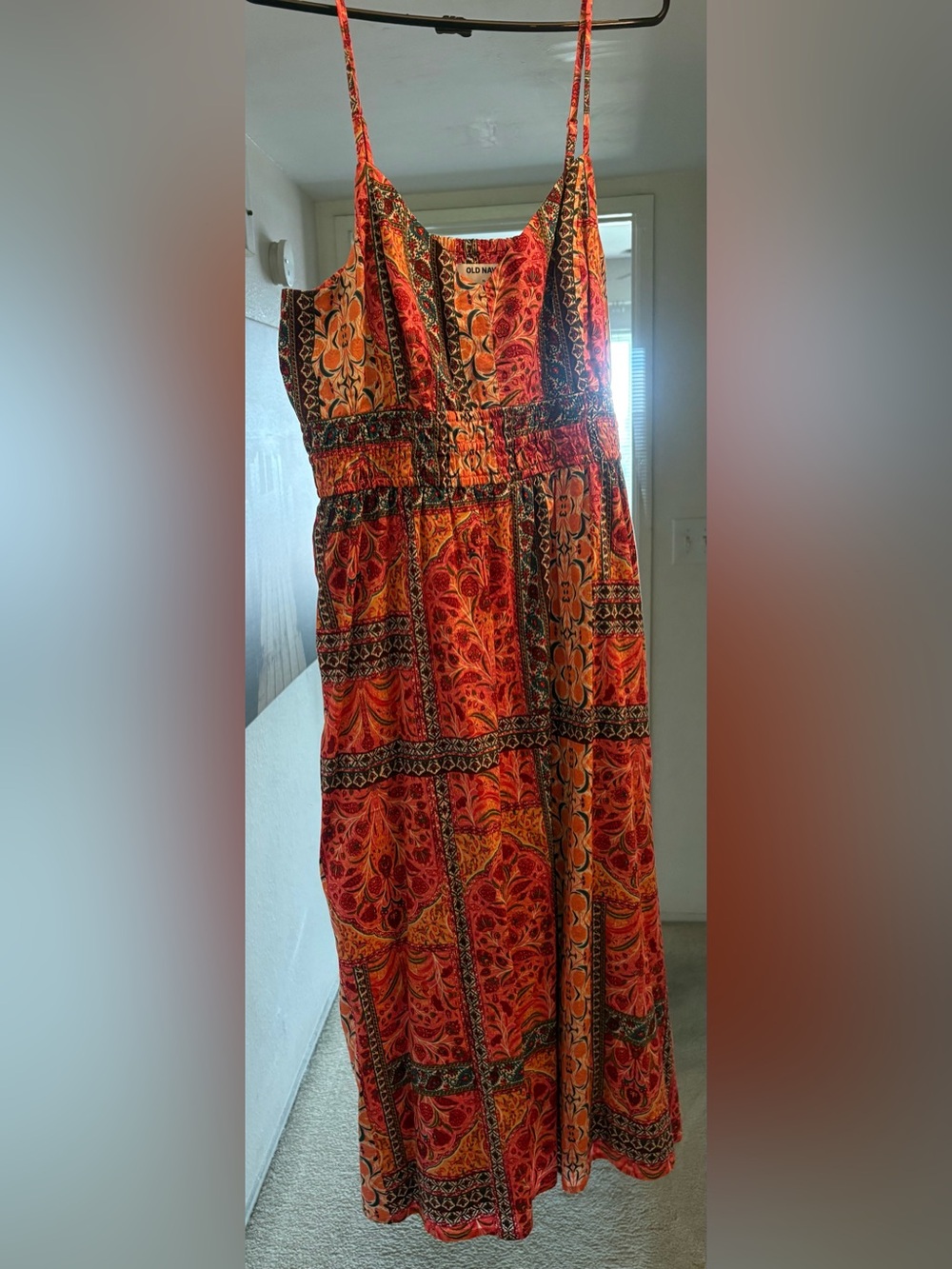 Women’s Old Navy spaghetti strap dress orange and brown with pockets size XL NWO